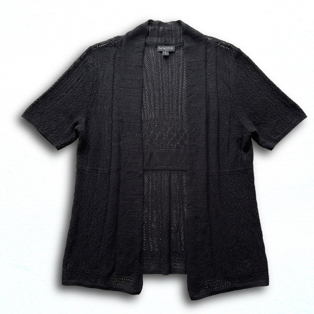 Notations Womens Black Pointelle Knit Open Front Cardigan Short Sleeve Size 1X